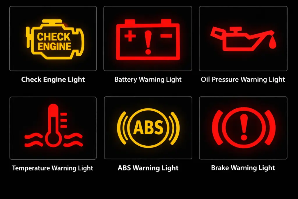 dashboard indicator lights meaning contenting check light, battery light, oil pressure light , temperature light abs light and brake warning light