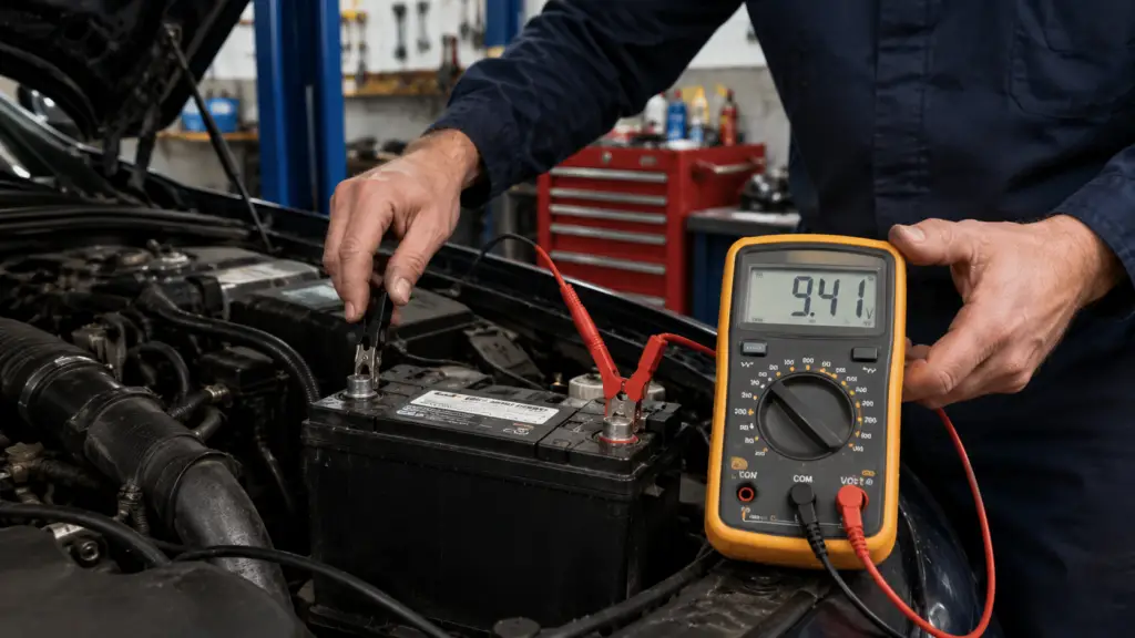 car battery multimeter showing cranking voltage